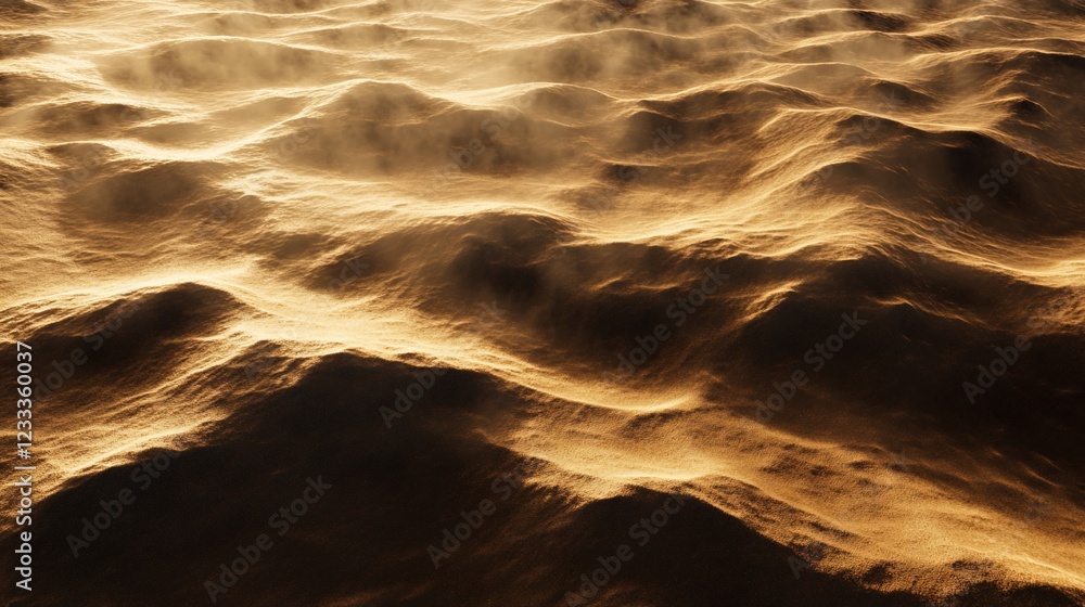 Poster golden textured surface with wavy patterns illuminated by a strong light creating contrast