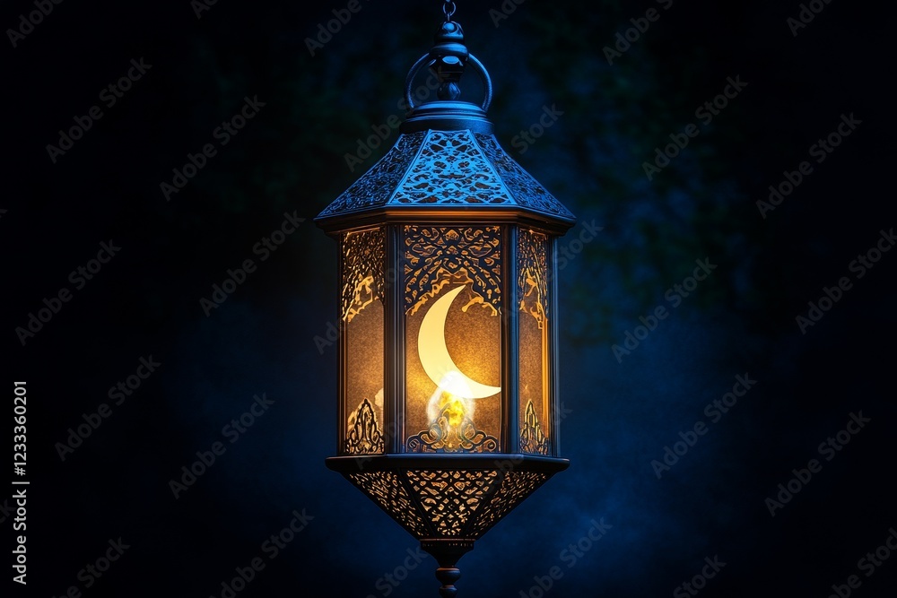 Poster illuminated ramadan lantern with crescent moon.