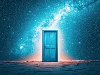 A mystical blue door leading to a cosmic universe backdrop.