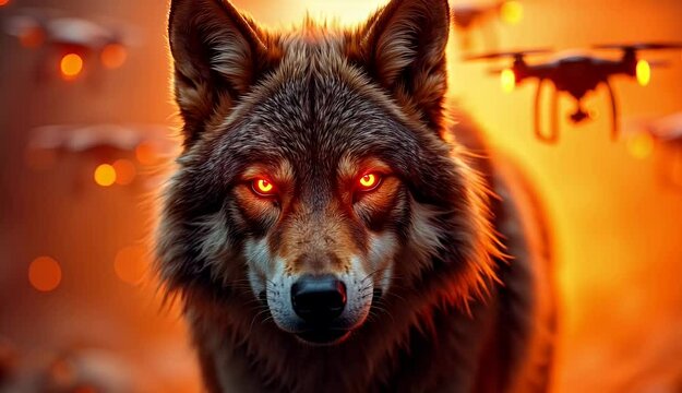 A digital art depicting a wolf with fiery red eyes, intensely staring, surrounded by drones in a fiery orange landscape.