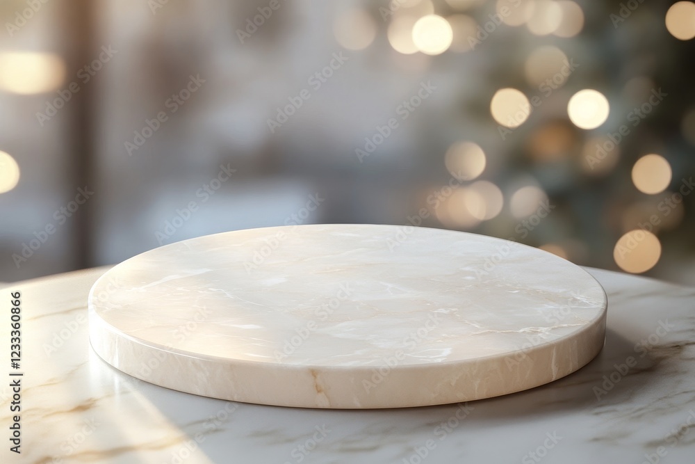 Poster round marble display stand on table, bokeh background.