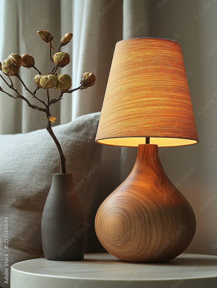 Poster wooden table lamp with linen shade illuminated on a side table.