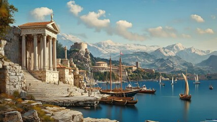 A detailed painting of an ancient Roman port with classical temples, sailing ships, and distant mountains under a clear sky. Long exposure timelapse so boats shift around and clouds develop quickly.
