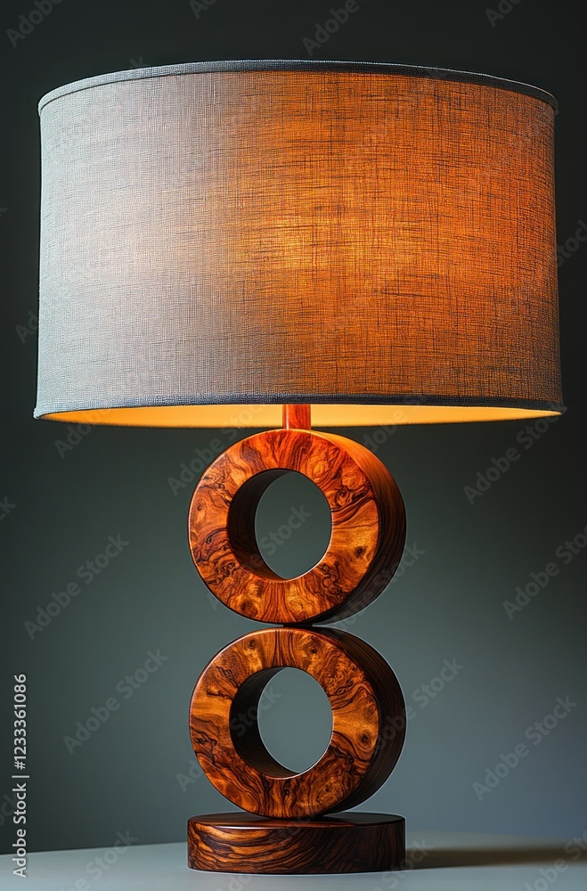 Poster illuminated table lamp with unique double-ring wooden base and gray fabric shade.