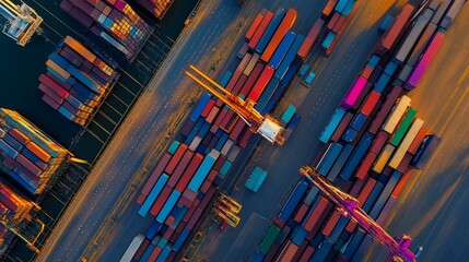 Obraz premium Aerial view of a shipping port with colorful stacked containers and cranes at sunset