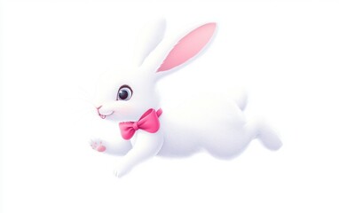 Fototapeta premium White bunny rabbit leaping, pink bow, white background, children's book illustration