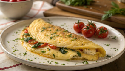 Cheese omelette with spinach and cherry tomatoes