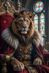 Regal Lion King on Ornate Throne in Medieval Castle