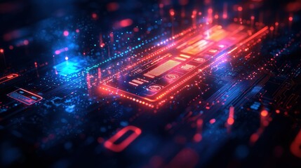 Circuit board with glowing components and data flow