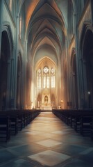Sunlit cathedral aisle, peaceful scene
