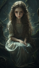 Naklejka premium A creepy doll with an eerie expression and long brown hair, wearing old , is sitting in the dark forest surrounded by twisted branches and moss-covered trees. The atmosphere of darkness adds 