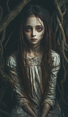 A creepy doll with an eerie expression and long brown hair, wearing old , is sitting in the dark forest surrounded by twisted branches and moss-covered trees. The atmosphere of darkness adds 