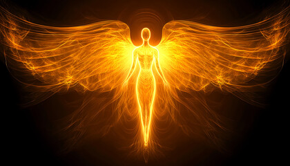 A digital artwork depicting an angel with burning wings, radiating light and flames against a dark background. The figure is backlit, highlighting its majestic presence against the darkness. 