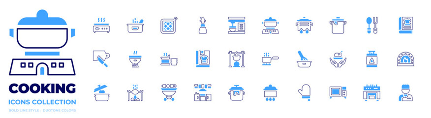 Cooking icon collection. Bold line style. Duotone colors. cook, cooking, boiling, microwave oven, baking, cutting board, pot, pot on fire, soup, bbq, cooking pot
