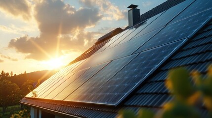 Sunset Glows on Solar Panels Integrated into Residential Roof