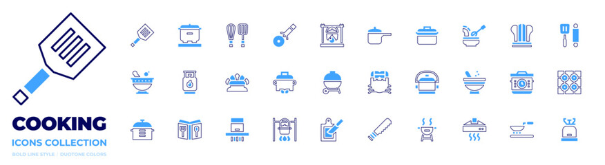 Cooking icon collection. Bold line style. Duotone colors. gas, natural gas, smoke extraction, barbecue, pot, cutting board, mortar, recipe, crab, knife, cooking pot, bbq
