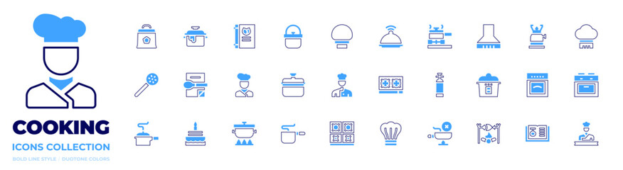 Cooking icon collection. Bold line style. Duotone colors. recipe, skimmer, cake, cooking pot, pressure cooker, pot, chef, cooking, stove, gas bottle, no cooking