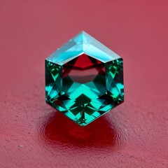 Fototapeta premium Pentagon Neon Green Paraiba Tourmaline gemstone closeup on plain cherry red background