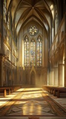 Fototapeta premium Sunlit cathedral nave and altar