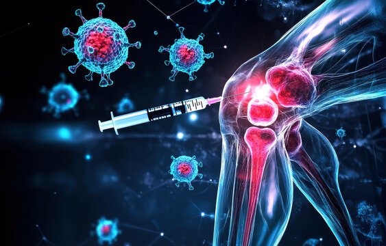 This captivating image illustrates the dual focus on vaccination and knee joint health, highlighting the role of modern medicine in combating viral infections.