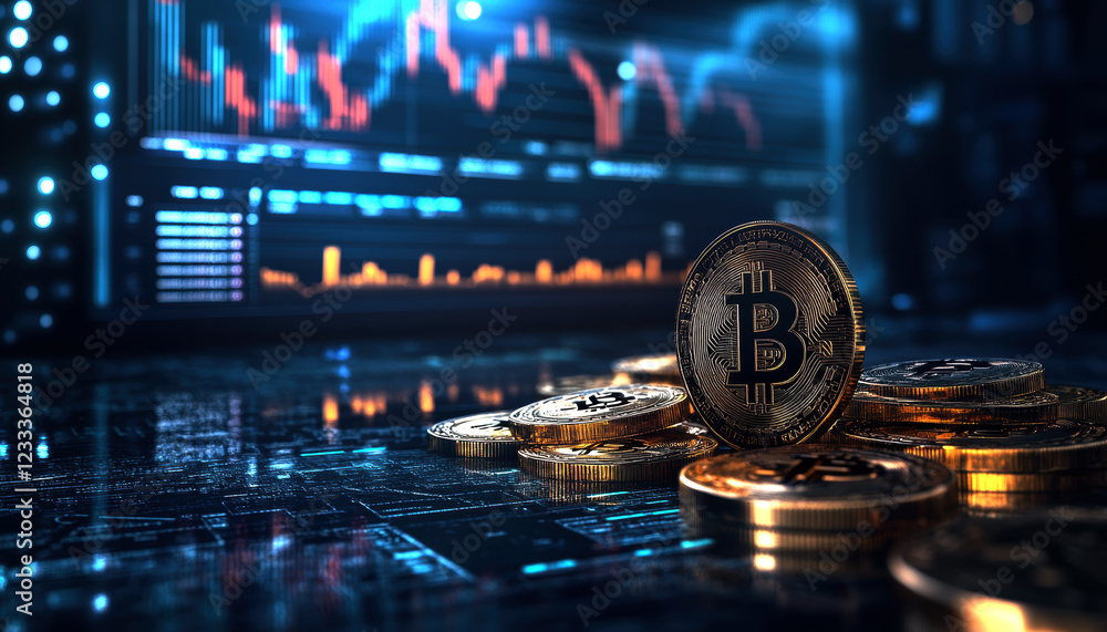 Poster a stunning visualization of bitcoin coins set against a backdrop of fluctuating market data, illustr