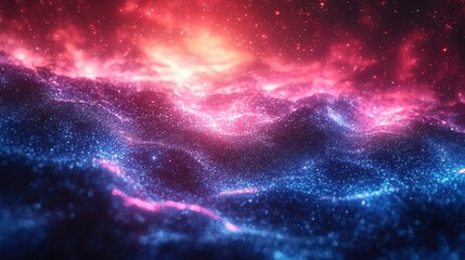 Naklejka premium A vibrant cosmic landscape with shimmering waves of pink and blue light.