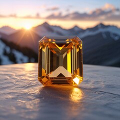 Rectangle Gold Citrine gemstone closeup on plain teal background