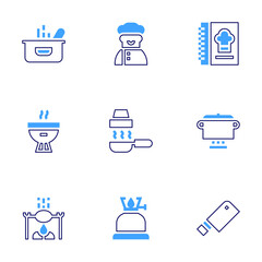 Cooking icon set. Bold line style. Duotone colors. Editable stroke. pot, bbq, cooking, knife, hood, gas, cook book, cooker