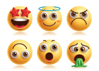 Star eyes emoji vector characters set. Emojis clip art 3d character in amaze, angel, mad, silly, surprise and vomit facial expression yellow icon collection. Vector illustration graphic elements.