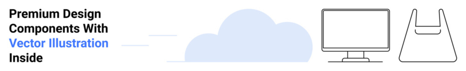 Monitor outline, reusable bag, and cloud symbolize sustainable tech, shopping, and cloud storage. Ideal for retail, technology, eco-awareness, e-commerce cloud services sustainability flat landing