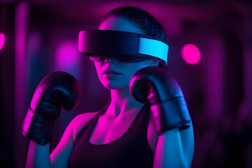 Boxer wearing vr headset practicing boxing in metaverse gym with neon lights