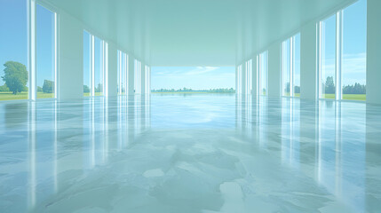 Fototapeta premium Modern spacious office, park view, bright sunlight, floor reflection, architectural design