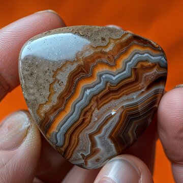 Shield Ash Brown Bronzite gemstone closeup on plain deep orange background