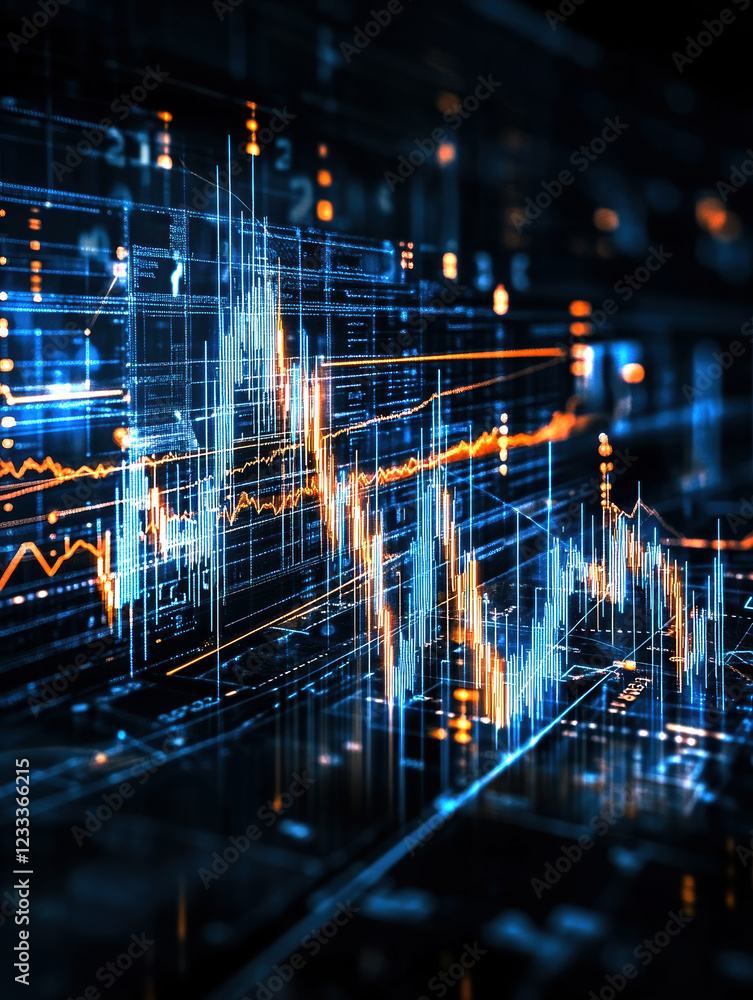 Poster this image captures an intricate digital representation of market fluctuations, showcasing vibrant d