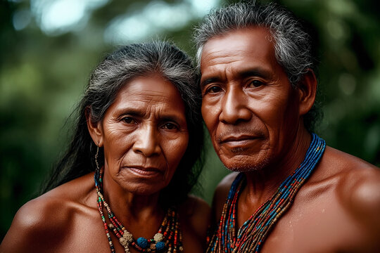 Indigenous couple wearing traditional necklaces posing together
