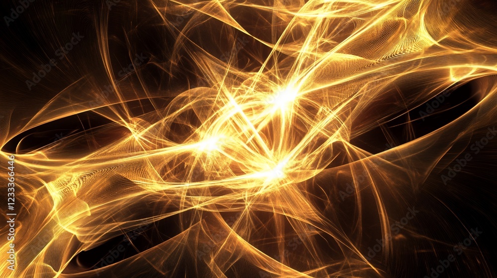 Poster Golden abstract lines creating an energetic and dynamic light effect on dark background