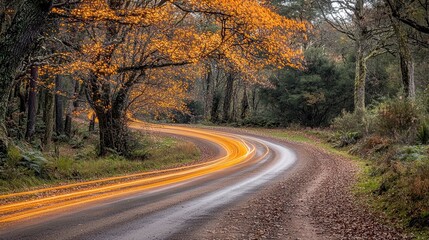 Fototapeta premium Autumnal Drive: A winding road through a vibrant forest, bathed in the warm glow of the setting sun. The leaves create a magical atmosphere.