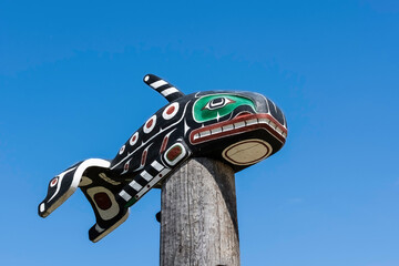 North-American Style Carved Wooden Totem, depicting a Dolphin