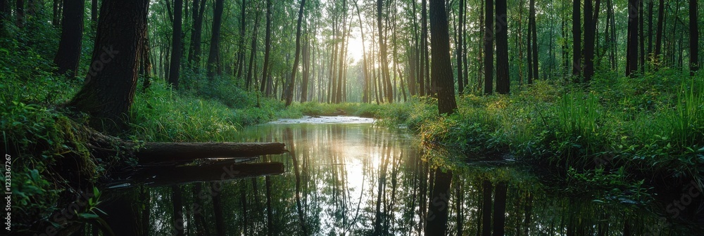 Poster A forest with a stream running through it