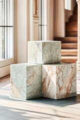 Elegant marble geometric sculptures displayed on a polished surface with subtle lighting effects
