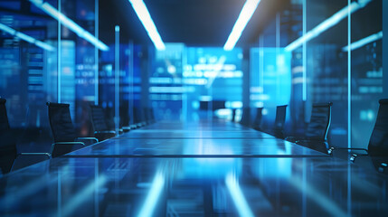 A modern conference room with a long table and illuminated blue accents.