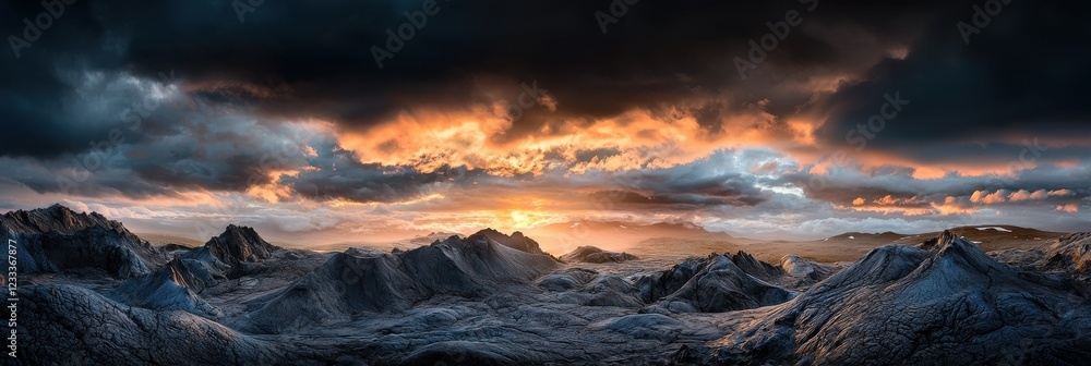 Poster A mountain range with a cloudy sky and a sun setting in the background