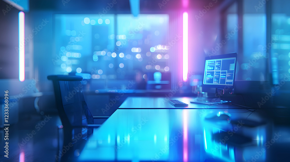 Aufkleber a modern office space with a glowing computer setup and urban backdrop.