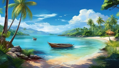 Tranquil Tropical Paradise A Lush Ocean Lagoon Scene Illustrated in Striking Artistic Style, Ideal for Wallpaper or Banner Background