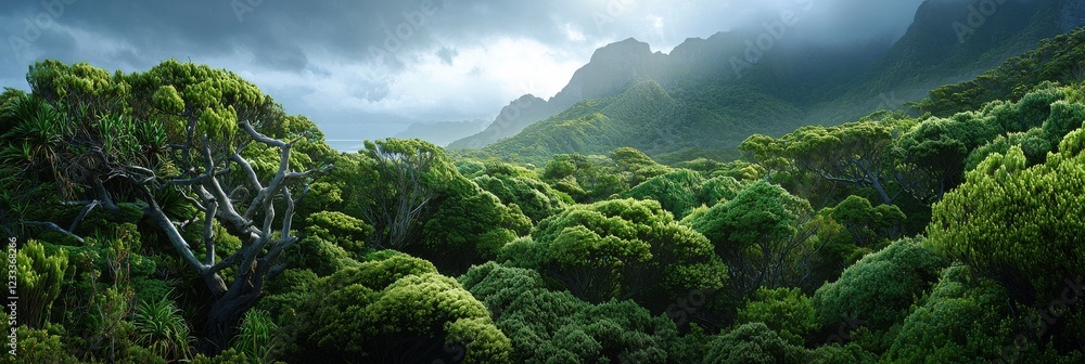 Poster a lush green forest with a cloudy sky in the background