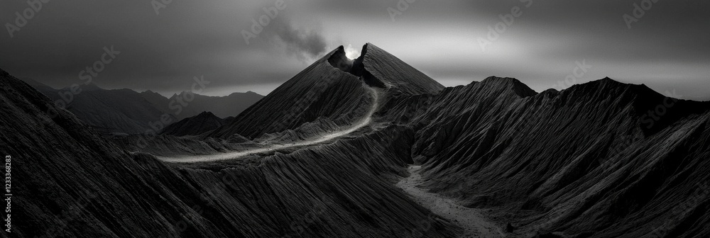 Poster a mountain range with a road that goes through it