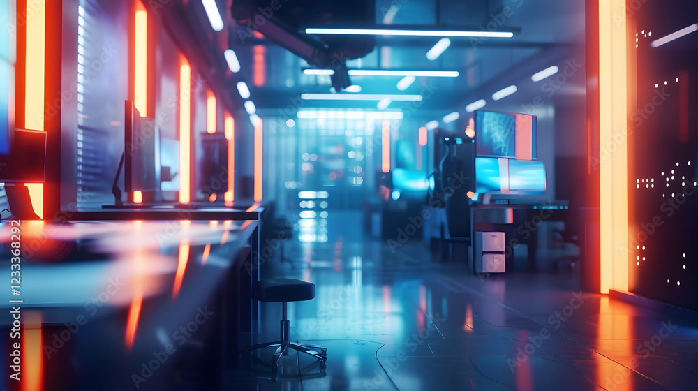 Poster futuristic tech workspace with glowing lights and computer screens.