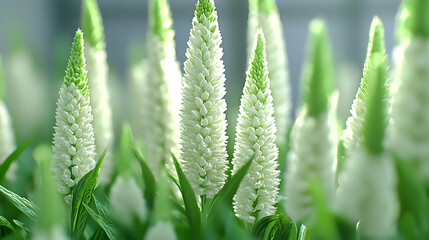 White flowers bloom in greenhouse, sunlight background, botanical garden