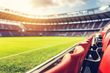 Red Seats in Modern Stadium with Lush Green Field and Bright Sky at Sunset
