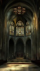 Fototapeta premium Gothic cathedral interior, sunlight streams in